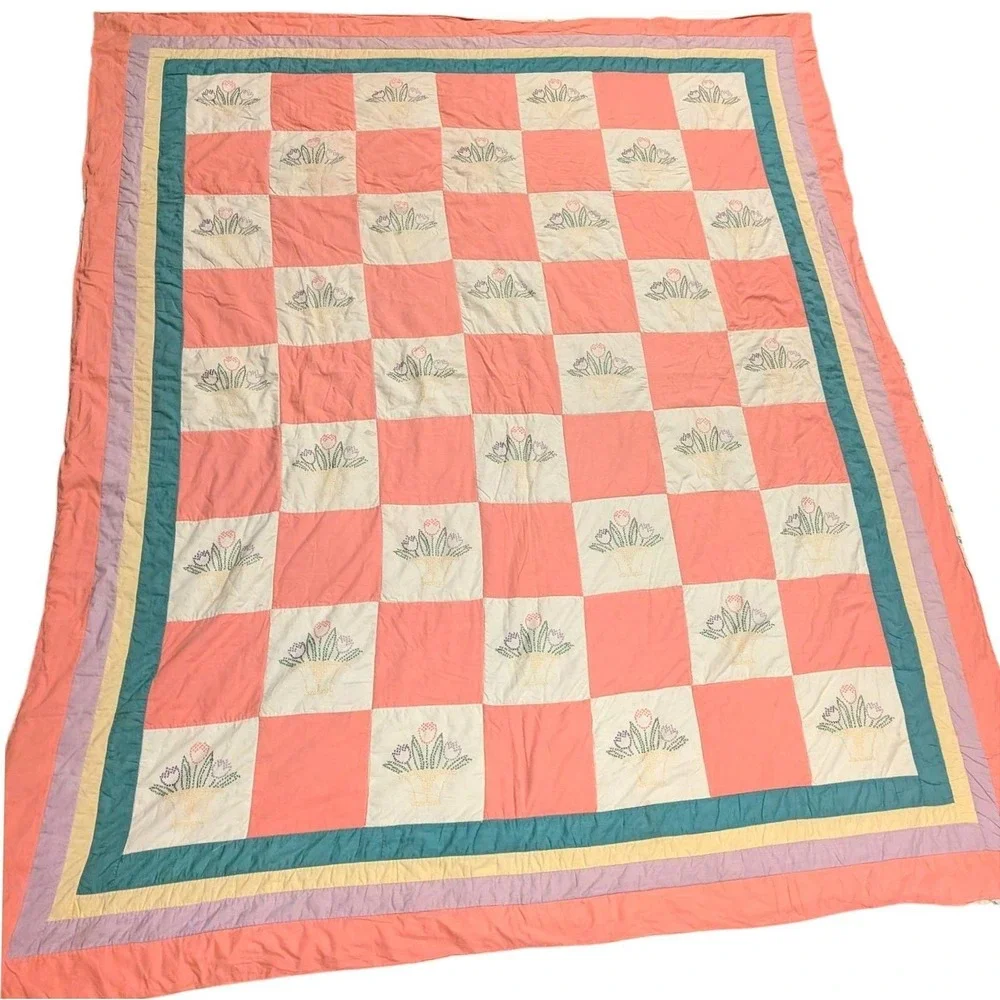 Vintage Handmade Cross Stitch‎ Tulip Basket Patchwork Quilt Pink Pastel 92x76 in